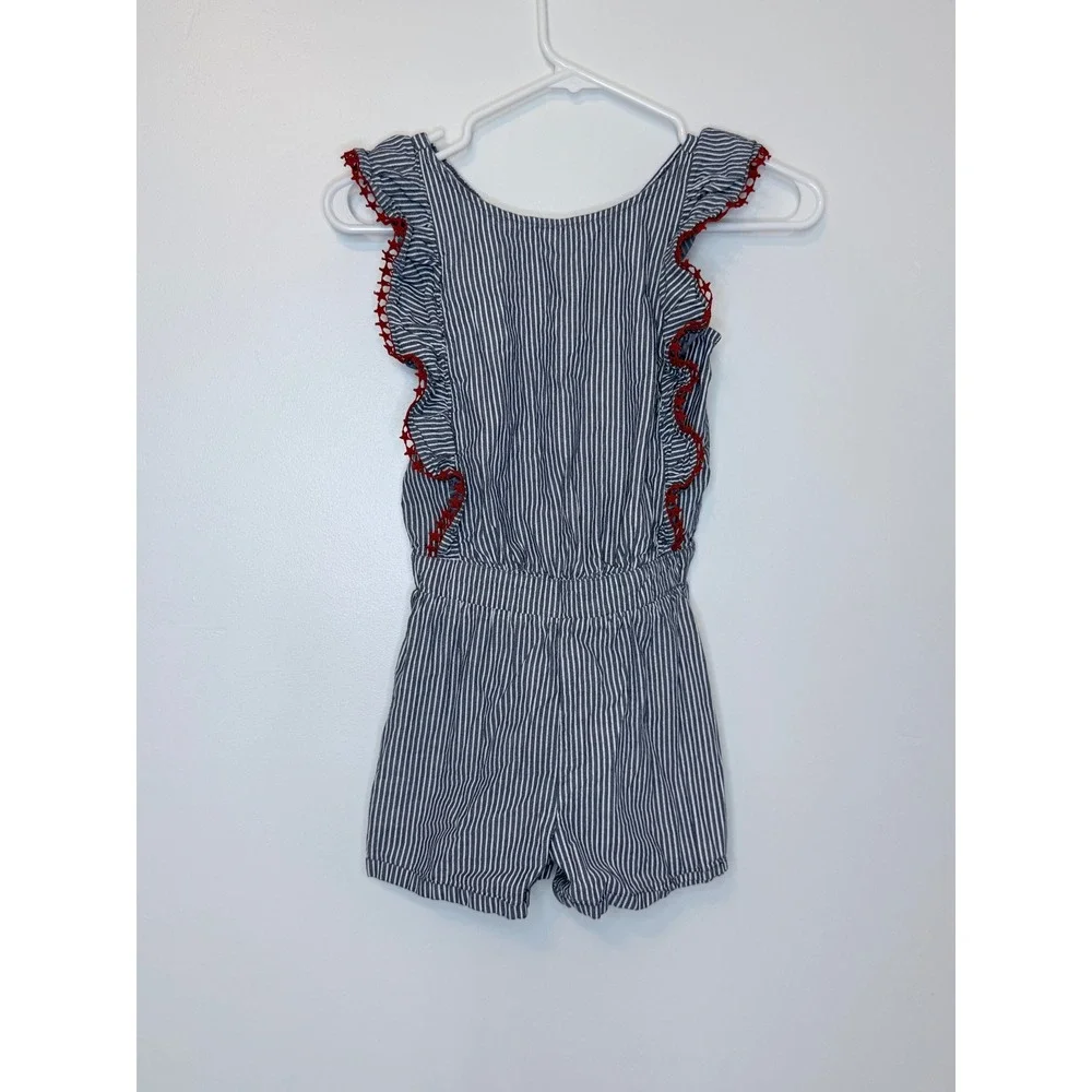Cat & Jack Girls‎ Blue White Striped Star Ruffle Romper M 7/8 Patriotic Summer